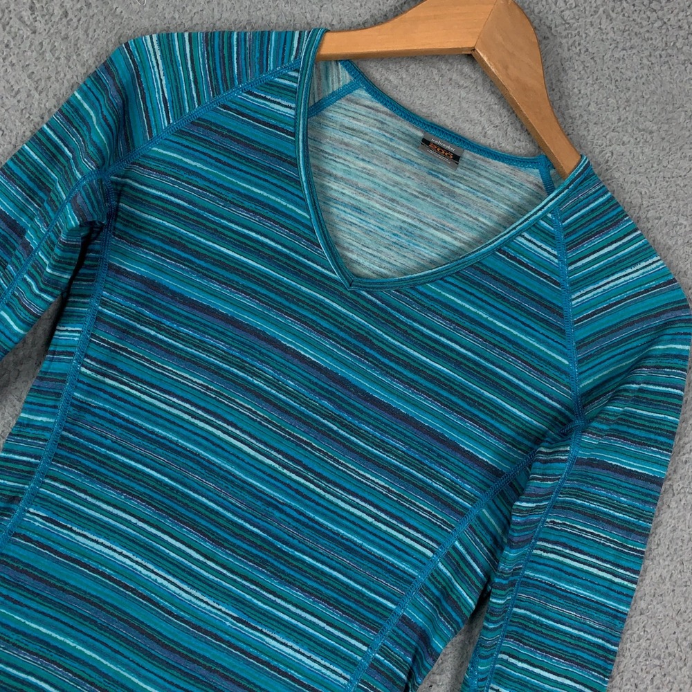 Icebreaker Merino Oasis Base Layer Top Women's Small S Teal Striped Wool V-Neck